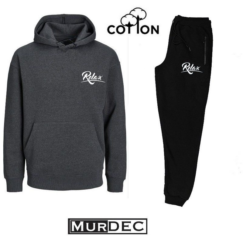 Ensemble Sweat à capuche Gris et Jogging noir, Relax